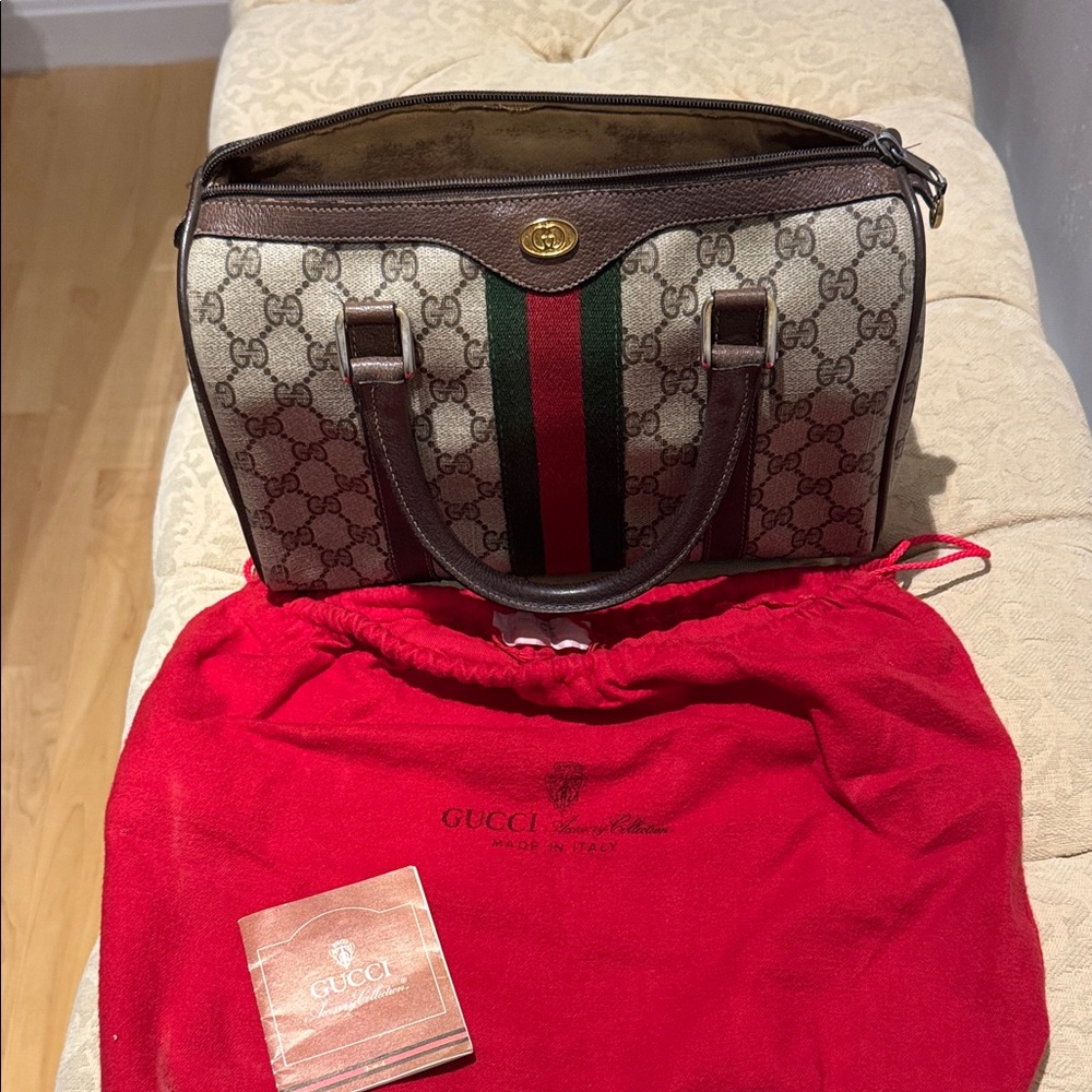 Vintage Gucci Boston Bag with Brown Leather and Green-Red Stripe